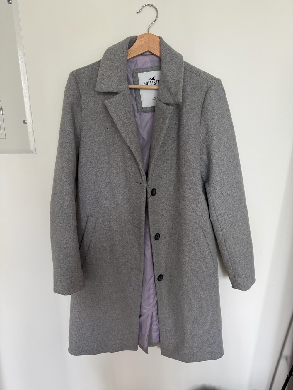 Hollister Light Gray Wool-Blend Coat with Lilac Lining
